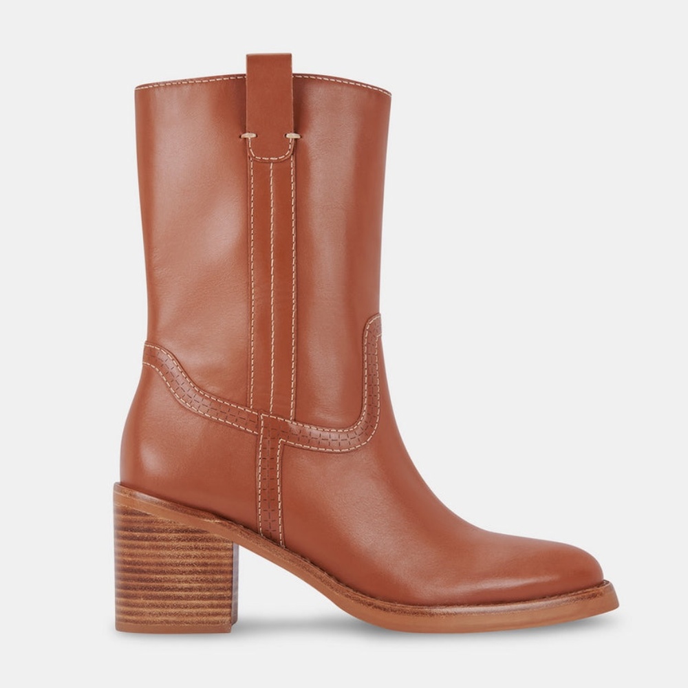 NWT Dolce Vita - COLETE Stacked Heel Boot - Cognac Brown Leather